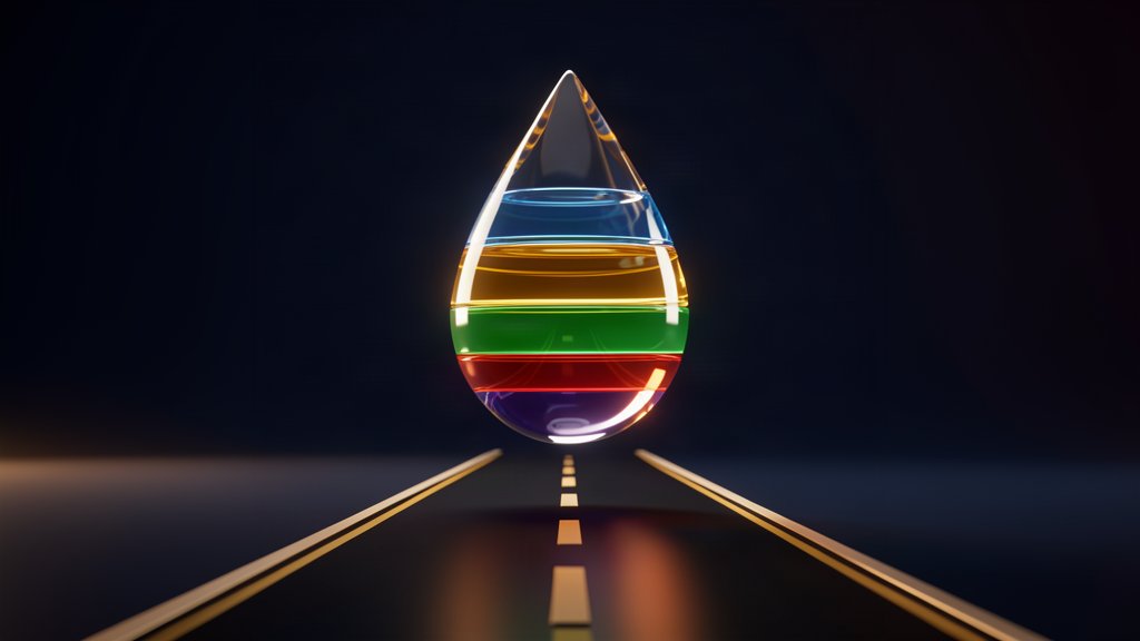 Abstract weergave van een brandstofdruppel opgebouwd uit gelaagde onderdelen, symbool voor de opbouw van de brandstofprijs
